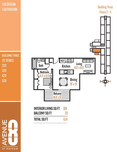 Floor plan for 1 bed, 1 bath, 551 sqft